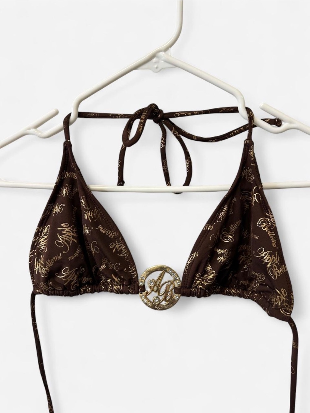 Vintage Brown Apple Bottom Monogram Printed Triangle Bikini Top with Gold Accent